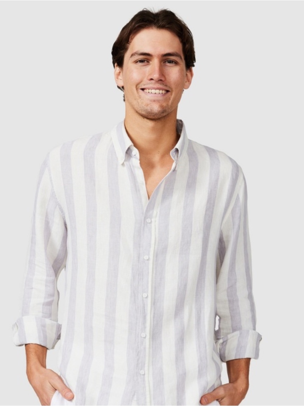 Vacay Men’s Linen Grey Striped Button Down Shirt - Picture 2 of 12